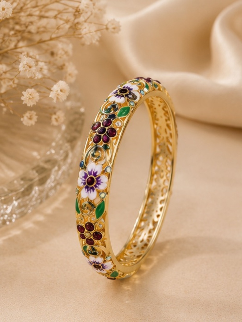 Cloisonne Floral Enamel Gold Bangle